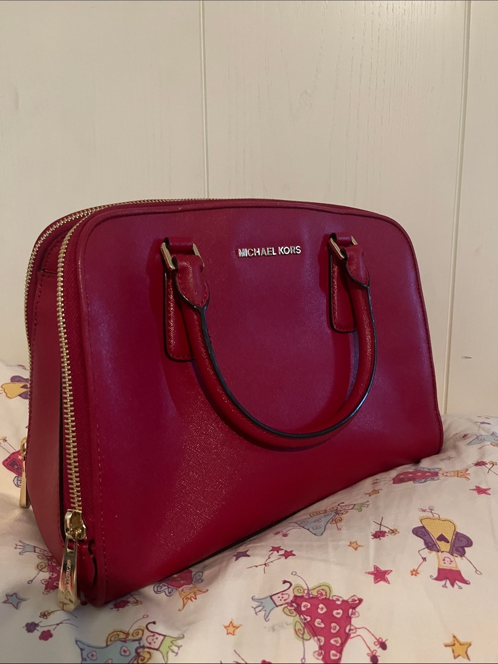 Michael Kors Cherry Red Leather Dome Satchel with Gold Hardware